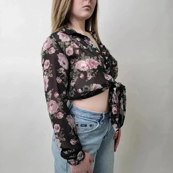 Pastel Black & Pink Floral Mesh Tie Front Coverup Blouse - S - Picture 7 of 9
